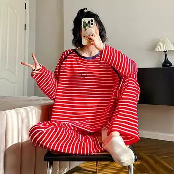 Пижама в полоску из хлопка с длинными рукавами и круглым вырезом Простая повседневная домашняя одежда Весенняя новая пижама Нижнее белье Нижнее белье Домашняя одежда One Size красный