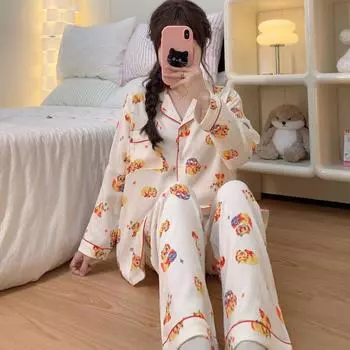 Пижама в стиле Харадзюку с мультяшным принтом для женщин, комплект из 2 предметов с длинным рукавом, женская пижама на осень-зиму, мягкая повседневная домашняя одежда M