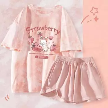 Пижама в стиле тай-дай для женщин, костюм с короткими рукавами, новый студенческий мультяшный милый домашний наряд из двух частей, тренд Instagram M земляничный