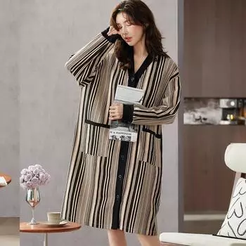 Пижама весенне-осенняя женская с нагрудными вкладышами, с длинными рукавами, корейский кардиган, ночная рубашка, ночная рубашка для девочек, средней свободы, можно носить на улице M