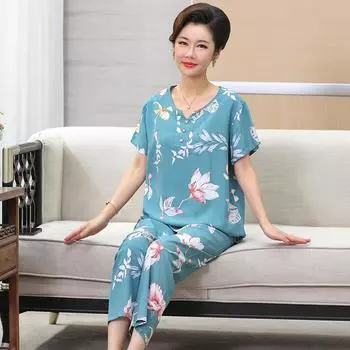 Пижама весна-лето с короткими рукавами длинные брюки хлопковый домашний костюм большой размер XL