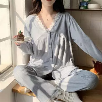 Пижама весна-осень 2025 года с нагрудными вкладышами, женский бамбуковый жаккардовый кружевной кардиган, пижамный комплект Simple Temperament, комплект из двух предметов одежды для сна, комплект домашней одежды M зелёный