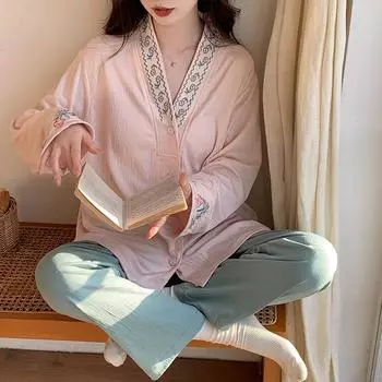 Пижама весна-осень 2025 года с нагрудными вкладышами, женская бамбуковая вышивка, кардиган, пижамный комплект, простой темперамент, комплект из двух предметов одежды для сна, домашняя одежда M