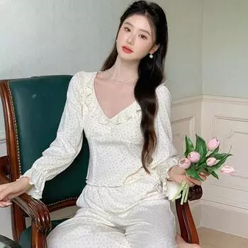 Пижама во французском стиле, женские брюки с длинным рукавом, милый костюм из хлопка в стиле принцессы, осенняя пижама, домашняя одежда S белый