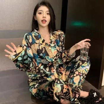 Пижама женская атласная пижама с длинными рукавами пижамный костюм с цветочным принтом высококачественный ледяной шелк можно носить на улице домашняя одежда пижама M