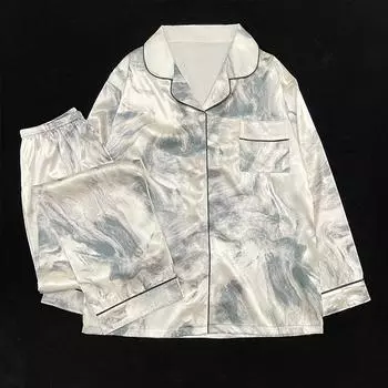 Пижама женская атласная пижама с длинными рукавами пижамный костюм с цветочным принтом высококачественный ледяной шелк можно носить на улице домашняя одежда пижама M