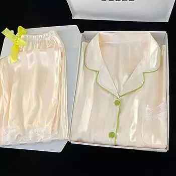 Пижама женская атласная пижама с длинными рукавами пижамный костюм с цветочным принтом высококачественный ледяной шелк можно носить на улице домашняя одежда пижама M