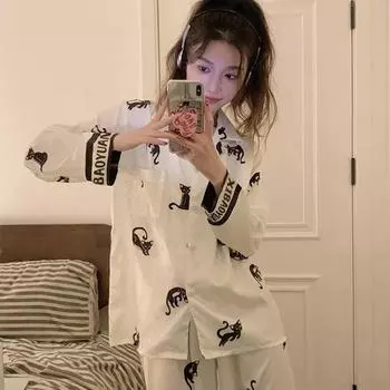 Пижама женская атласная пижама с длинными рукавами пижамный костюм с цветочным принтом высококачественный ледяной шелк можно носить на улице домашняя одежда пижама M