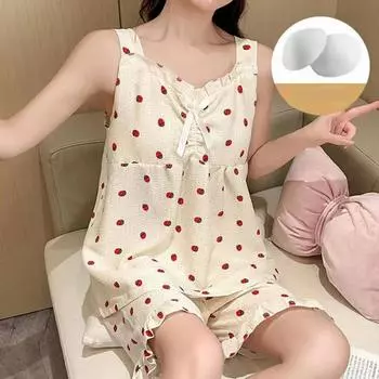 Пижама женская безрукавка Sweet Strawberry, летняя, из мятой ткани, ночная рубашка для дома с рисунком из мультфильма M