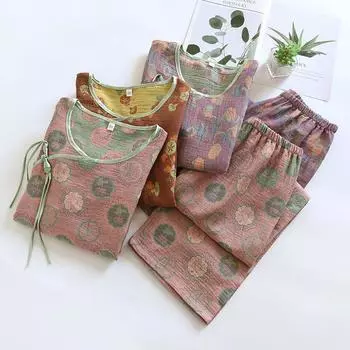 Пижама женская хлопковая марлевая жаккардовая с рукавами семь точек ретро домашний костюм для отдыха весна / лето одежда для отдыха 2 предмета M