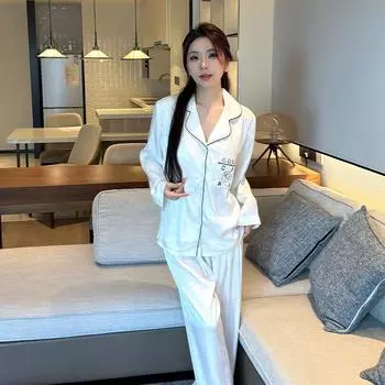 Пижама женская Ice Silk Autumn с V-образным вырезом и длинным рукавом Sweet Tulip для дома M чёрный