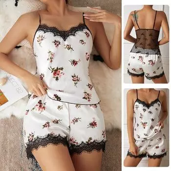 Пижама женская Ice Silk кружевная вышивка домашний сексуальный подтяжки юбка костюм L белый