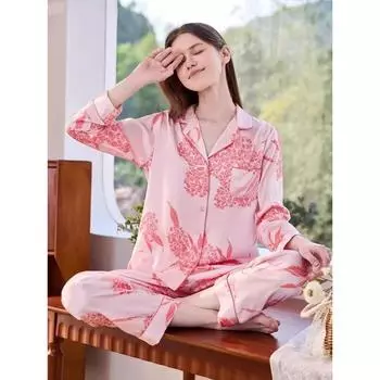 Пижама женская из 2 предметов из чистого шелка с принтом из шелкового атласа с длинным рукавом, женская домашняя одежда, весенне-осенний домашний комплект, пижамный комплект из чистого шелка M розовый