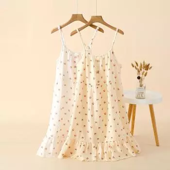 Пижама женская из чистого хлопка с мелким цветочным принтом, платье на подтяжках, удобная, свободная, дышащая домашняя пижама M бежевый