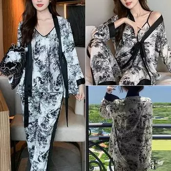 Пижама женская из трех частей с принтом чернил и ветра Pure Desire Wind Halter ночная рубашка кардиган домашняя одежда M чёрный