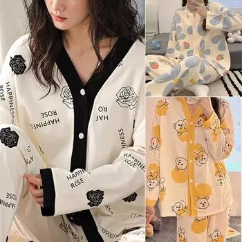 Пижама женская кардиган с V-образным вырезом и длинными рукавами, брюки, тонкая часть напечатанного домашнего костюма, молочная шелковая пижама женская L жёлтый