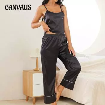 Пижама женская летняя бретелька через шею топы длинные брюки костюм дышащая простая домашняя одежда S чёрный