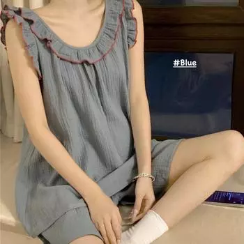 Пижама женская, летняя, минималистичная, на тонких подтяжках, домашний костюм с рюшами, комплект из двух предметов M
