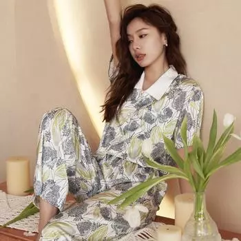 Пижама женская летняя с короткими рукавами, брюки, простой кардиган, корейский стиль, большой размер, женская домашняя одежда из шелка M