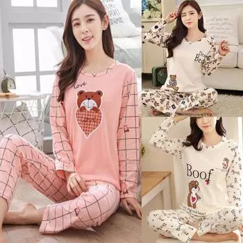 Пижама женская милая и милая мультяшная домашняя одежда с медведем, длинные брюки с длинными рукавами, пижаму женскую можно носить снаружи M бежевый/коричневый