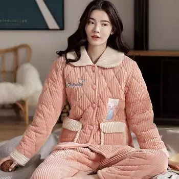 Пижама женская осень-зима бархат утолщенный с бархатом трехслойный хлопок очень толстый милый фланелевая домашняя одежда можно носить на улице M
