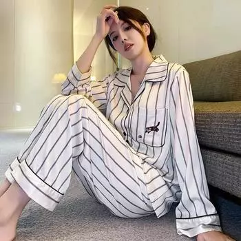 Пижама женская осень-зима новый ледяной шелковый длинный рукав полосатый принтованный костюм весна и осень корейская повседневная домашняя одежда M белый