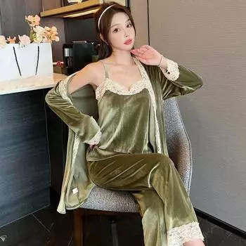 Пижама женская осень-зима золотистый бархат сексуальная кружевная ночная рубашка с лямкой на шее комплект из трех предметов свободный можно носить на улице домашняя одежда весна M
