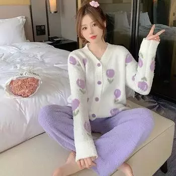 Пижама женская осенне-зимняя домашняя одежда плюс утолщенный коралловый бархат теплая домашняя одежда костюм с V-образным вырезом домашняя одежда M