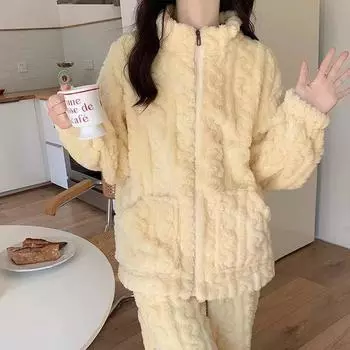 Пижама женская осенне-зимняя кардиган с длинными рукавами фланелевый двухкомпонентный пижамный костюм M жёлтый