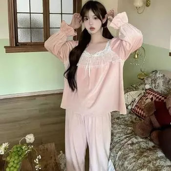 Пижама женская осенне-зимняя милая принцесса ветровой костюм с длинным рукавом остров бархатная мягкая домашняя одежда можно носить на улице M розовый