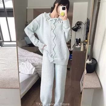 Пижама женская осенне-зимняя милая простая высококачественная мягкая флисовая подкладка утолщенный теплый кардиган верхняя одежда домашняя одежда костюм One Size