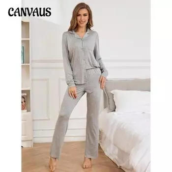 Пижама женская осенне-зимняя модальная рубашка с длинными рукавами длинные брюки домашний костюм S серый