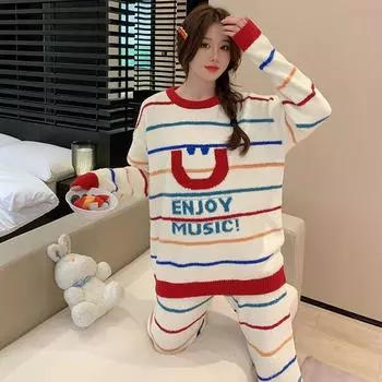 Пижама женская осенне-зимняя мягкая утолщенная теплая с длинными рукавами трикотажная флисовая флисовая цветная полосатая домашняя одежда One Size бежевый