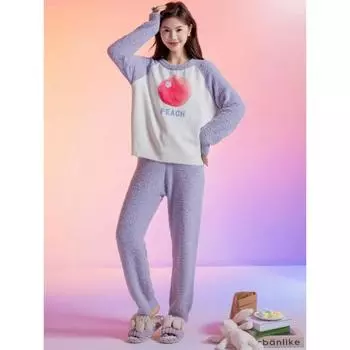 Пижама женская персиковая осенне-зимняя мягкая полубархатная свободная с круглым вырезом домашняя одежда One Size жёлтый