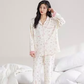 Пижама женская с длинными рукавами кардиган весна и осень хлопок милые и очаровательные дамы могут носить домашнюю одежду больших размеров M