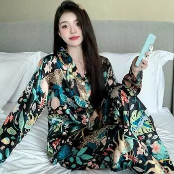Пижама женская с длинными рукавами пижамный костюм с цветочным принтом высококачественный ледяной шелк можно носить на улице домашняя одежда пижама M