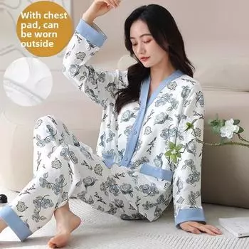 Пижама женская с нагрудниками 2025 весна цветочный принт хлопок пижамные комплекты женские с длинным рукавом и длинными брюками кимоно кардиган одежда для сна мягкая домашняя одежда M