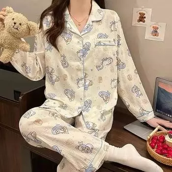 Пижама женская с рисунком маленькой кошки и маленькой акулы, забавная, милая, повседневная, домашняя одежда для сна, весенняя, новая, из молочного шелка M бежевый