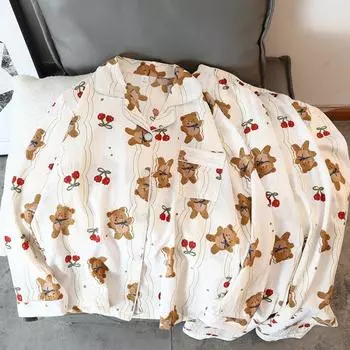 Пижама женская с рисунком медведя вишни Kawaii Harajuku Cute Y2K для женщин с длинным рукавом и эластичной талией, пижамы S