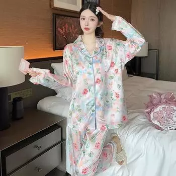 Пижама женская шелковая пижама с длинными рукавами пижамный костюм с цветочным принтом высококачественный ледяной шелк можно носить на улице домашняя одежда пижама M