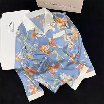 Пижама женская шелковая пижама с длинными рукавами пижамный костюм с цветочным принтом высококачественный ледяной шелк можно носить на улице домашняя одежда пижама M