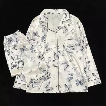 Пижама женская шелковая пижама с длинными рукавами пижамный костюм с цветочным принтом высококачественный ледяной шелк можно носить на улице домашняя одежда пижама M