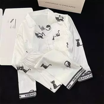 Пижама женская шелковая пижама с длинными рукавами пижамный костюм с цветочным принтом высококачественный ледяной шелк можно носить на улице домашняя одежда пижама M