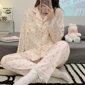 Пижама женская шелковая пижама с длинными рукавами пижамный костюм с цветочным принтом высококачественный ледяной шелк можно носить на улице домашняя одежда пижама M