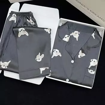 Пижама женская шелковая пижама с длинными рукавами пижамный костюм с цветочным принтом высококачественный ледяной шелк можно носить на улице домашняя одежда пижама M