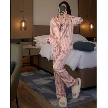 Пижама женская шелковая пижама с длинными рукавами пижамный костюм с цветочным принтом высококачественный ледяной шелк можно носить на улице домашняя одежда пижама M