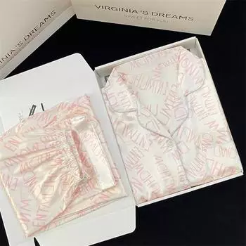 Пижама женская шелковая пижама с длинными рукавами пижамный костюм с цветочным принтом высококачественный ледяной шелк можно носить на улице домашняя одежда пижама M