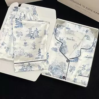 Пижама женская шелковая пижама с длинными рукавами пижамный костюм с цветочным принтом высококачественный ледяной шелк можно носить на улице домашняя одежда пижама M