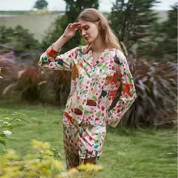 Пижама женская стиль лацкан весна и лето длинный рукав домашний костюм S