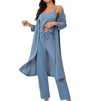 Пижама женская вафельная однотонная на подтяжках длинные брюки длинный рукав халат домашний костюм из трех частей S синий